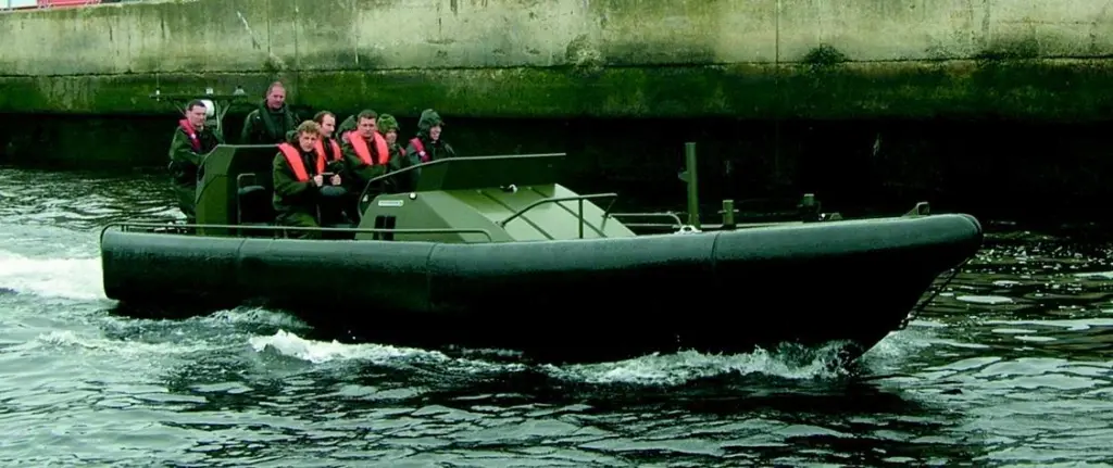 Another group of thrill seekers leave the Seawork 2005 pontoon on board Holyhead Marine Services prototype Offshore Raiding Craft.