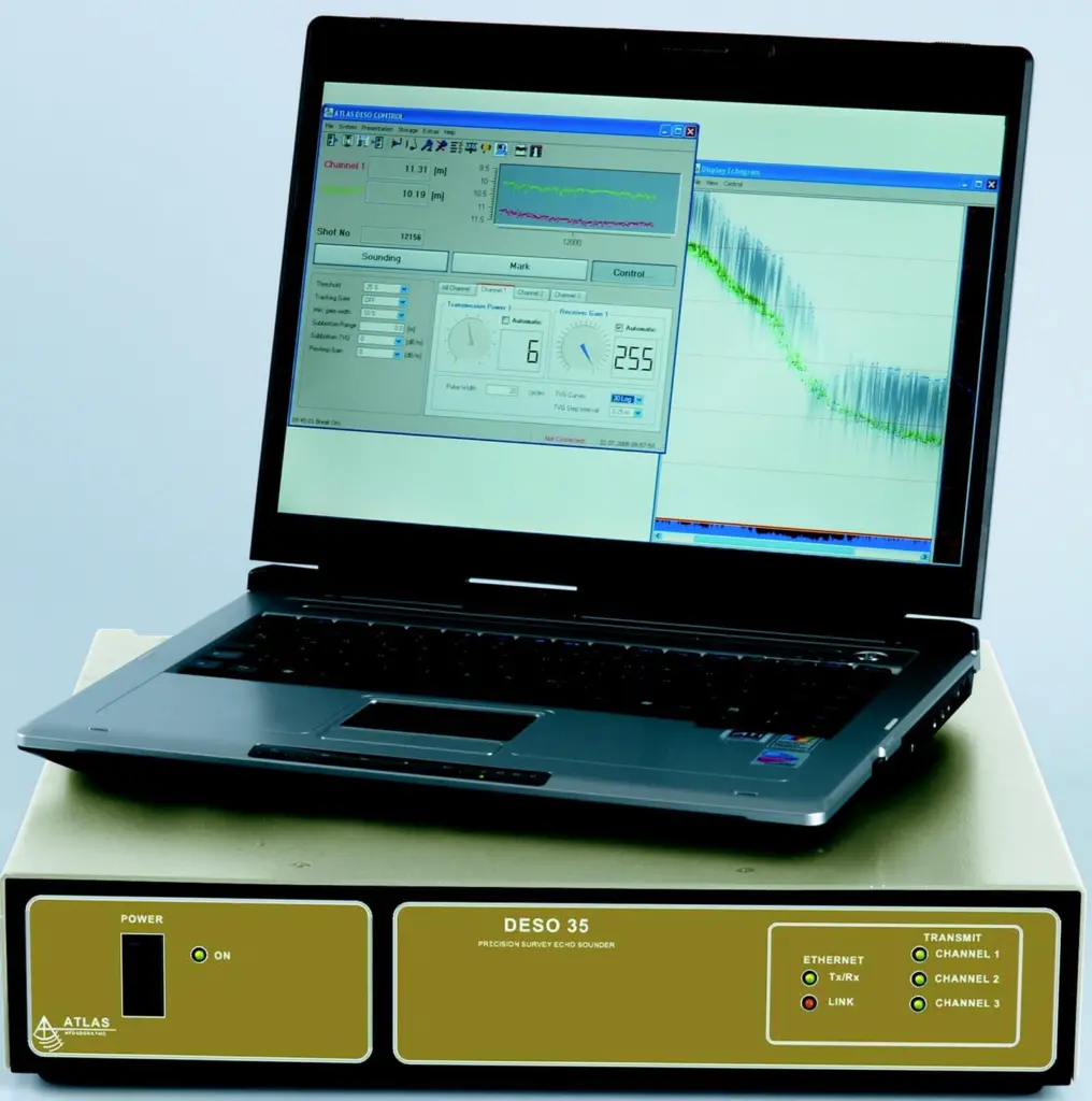Atlas Hydrographics new DESO 35 all purpose three channel echosounder is also capable of sub-bottom penetration over depths down to 6,000m.