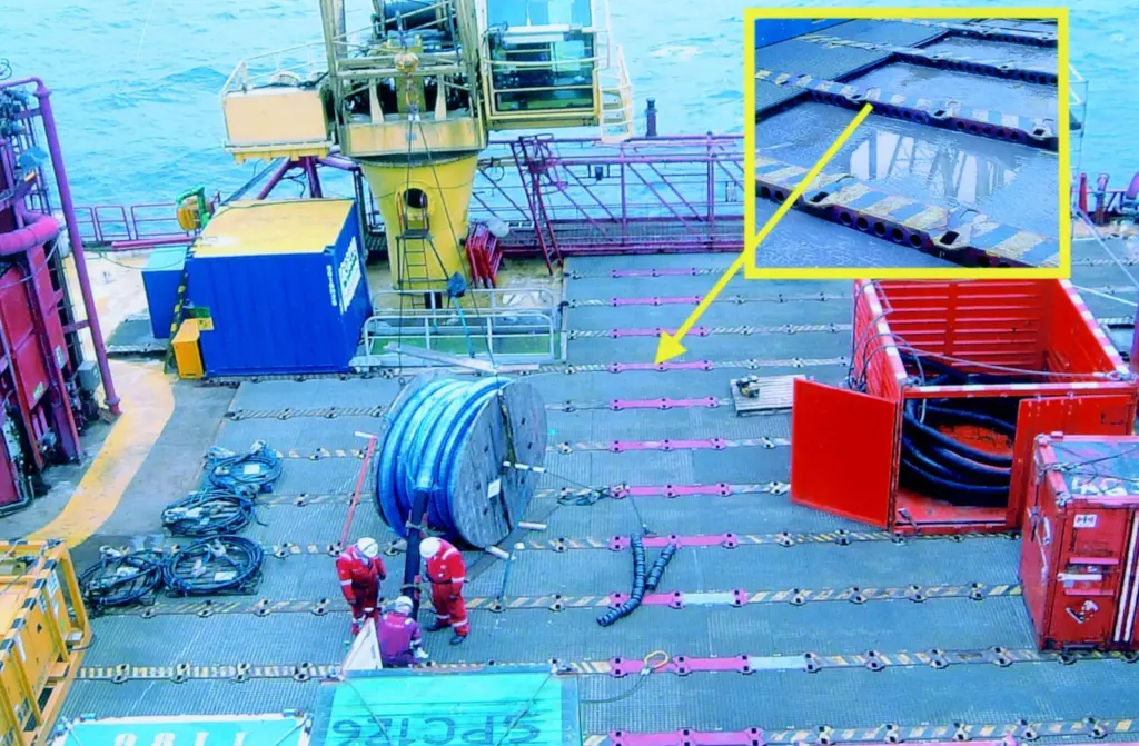 The now safe working deck of Irish Sea Pioneer and (inset) before the installation of Fiberglass Grating.
