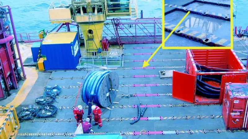 The now safe working deck of Irish Sea Pioneer and (inset) before the installation of Fiberglass Grating.