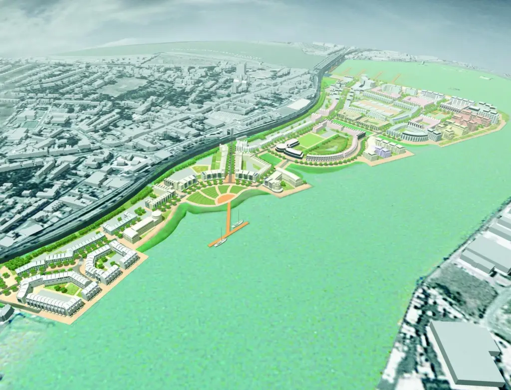 A computer generated vision of the Rochester Riverside development.