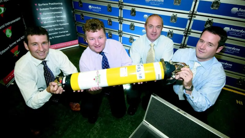 Celebrating their latest investment in acoustic wideband systems, Ashtead Technology Rentals managing director Andy Doggett and sales manager Colin Erskine with John MacLoed and Derek Donaldson of Solardyne.