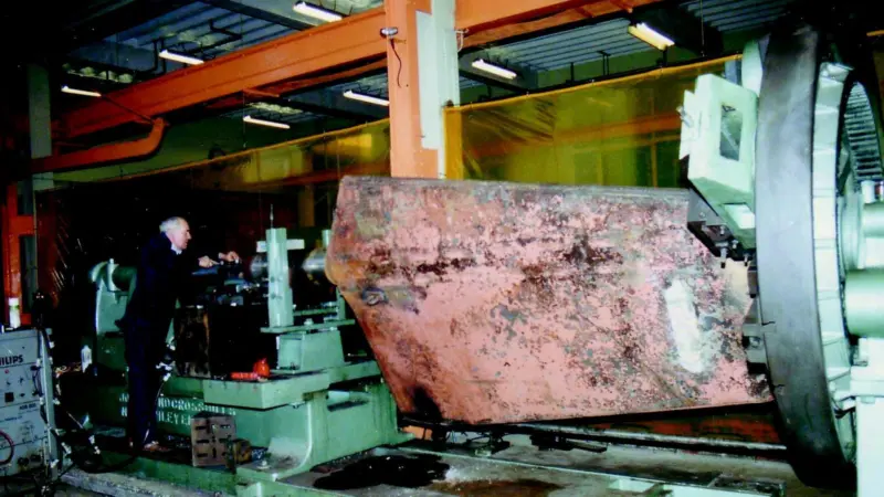 A ships rudder is seen in Atlantics 17.5m lathe.
