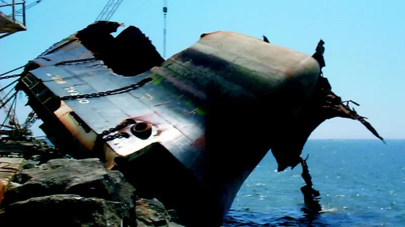 Titan are known for an innovative approach to wreck removal, here Coral Bulker is rolled out of the water section by section.
