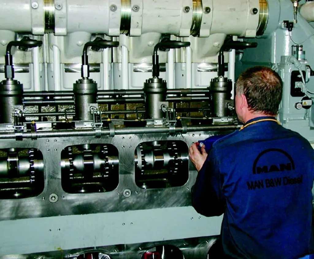 One of the MAN B&W diesel 9L21/31 engines on the assembly line before commissioning tests.