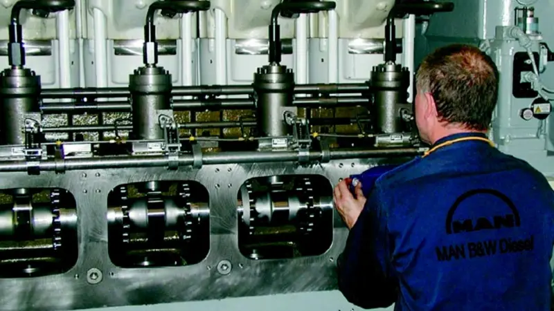 One of the MAN B&W diesel 9L21/31 engines on the assembly line before commissioning tests.