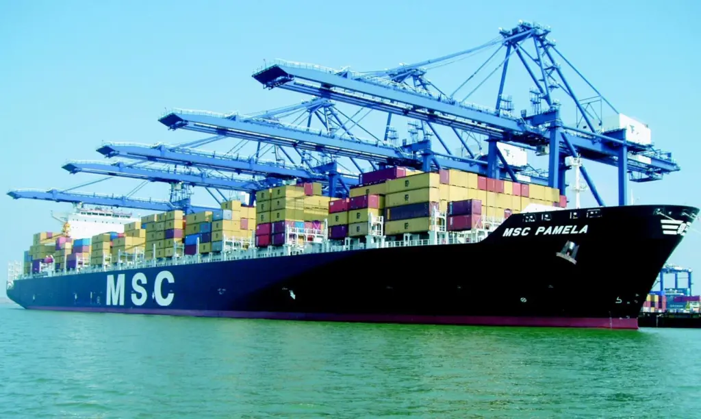 The worlds largest containership, MSC Pamela, alongside last month at the Port of Felixstowe.