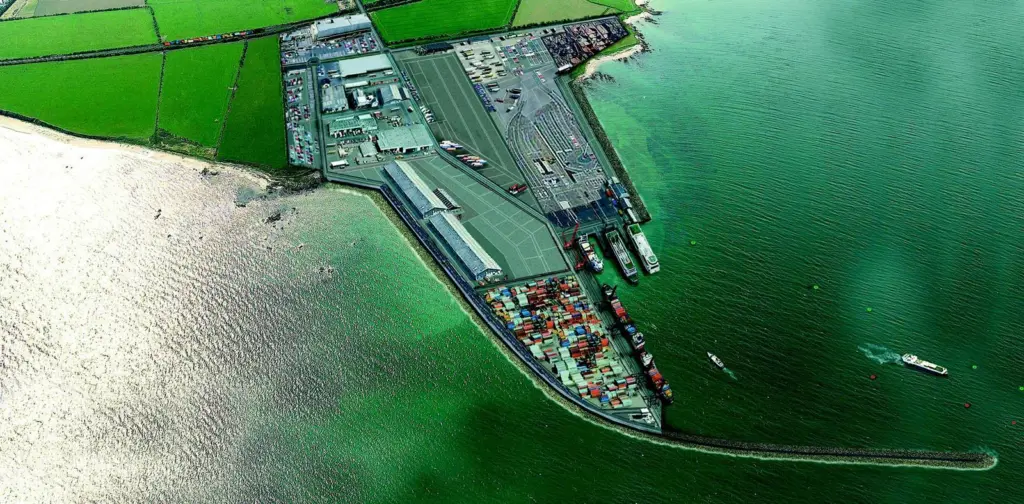 An aerial view artists impression of the new deepwater port for the Greater Dublin area.