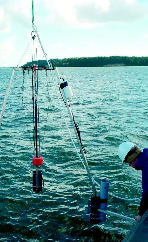 A Partrac scientist deploys dredge monitoring equipment in Poole Harbour.