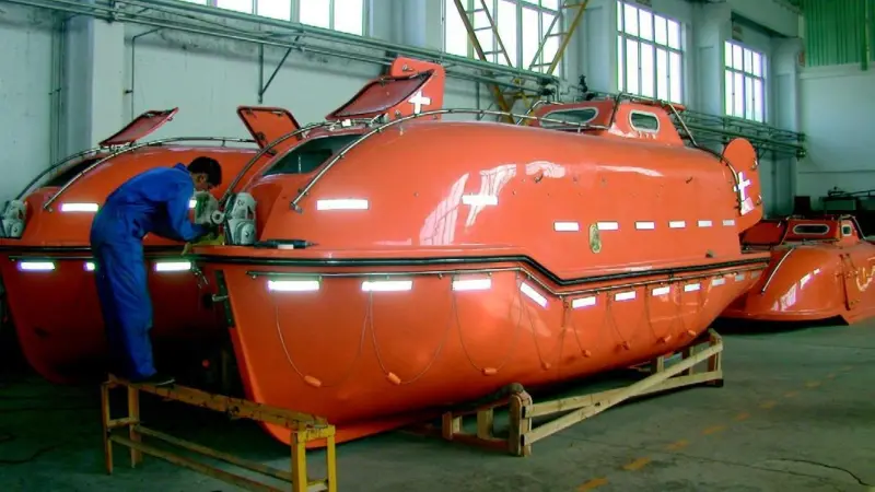 Lifeboats under construction at SchatHardings plant in China.
