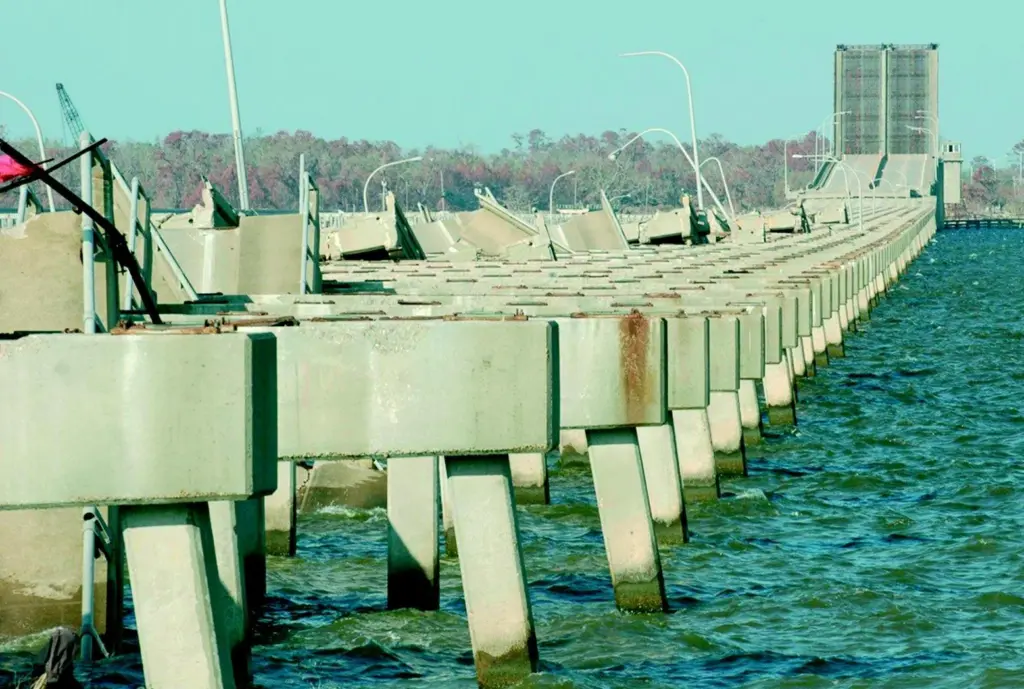 Interstate 90 at Biloxi, Mississippi is seen with nearly all the bridge decks ripped up by Hurricane Katrina.