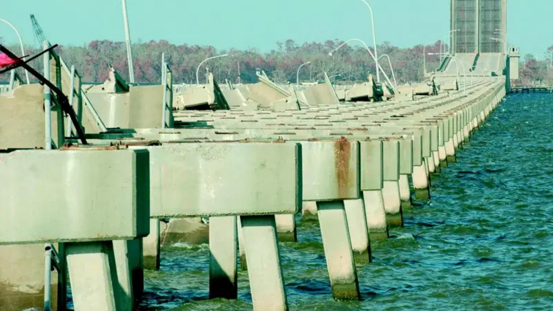 Interstate 90 at Biloxi, Mississippi is seen with nearly all the bridge decks ripped up by Hurricane Katrina.