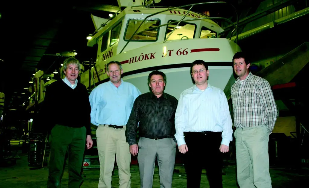 Sandy Morrison (left) and Mike Beacham (centre) of WaterMota are seen with Audun Oskarsson, Hogni Bergthorsson and Throstur Audunsson of Trefjar.