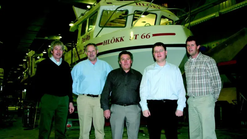 Sandy Morrison (left) and Mike Beacham (centre) of WaterMota are seen with Audun Oskarsson, Hogni Bergthorsson and Throstur Audunsson of Trefjar.