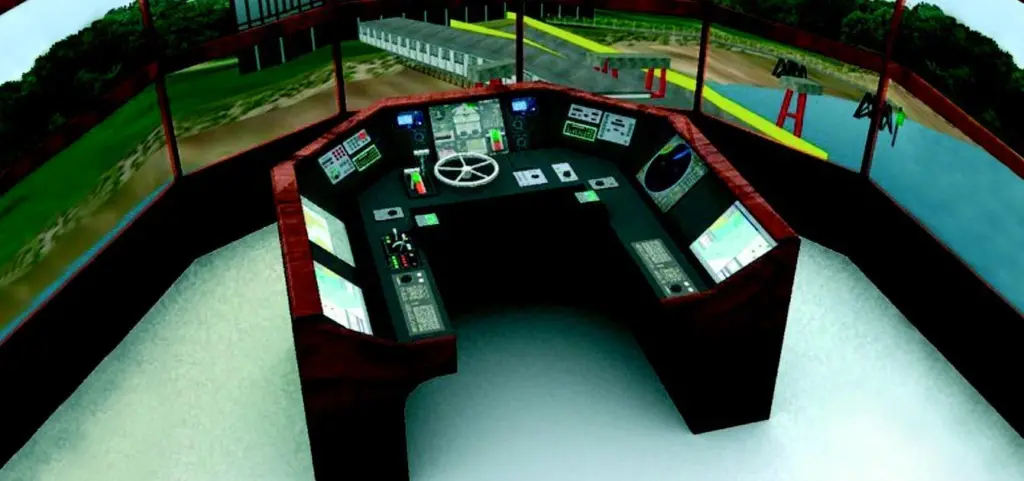 The new tug simulator offers an expanded view from the bridge.