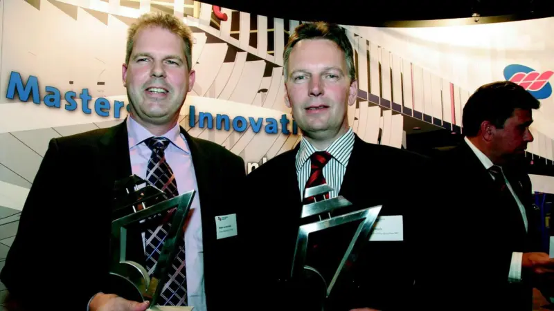 The winners of last years Maritime Innovation Award, Walter van der Brink of Orlaco Maritime CCTV BV and Peter Glijnis of HGG Profiling Equipment BV.