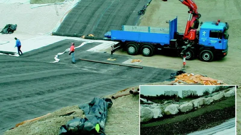 Geosynthetic clay liner (GCL) is installed along the new section of the River Glan in Austria.