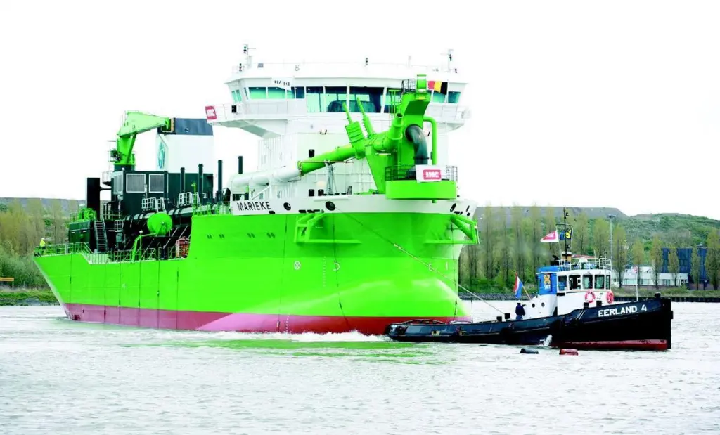 Marieke is taken under tow following its launch at IHC Holland Merwedes Sliedrecht yard.