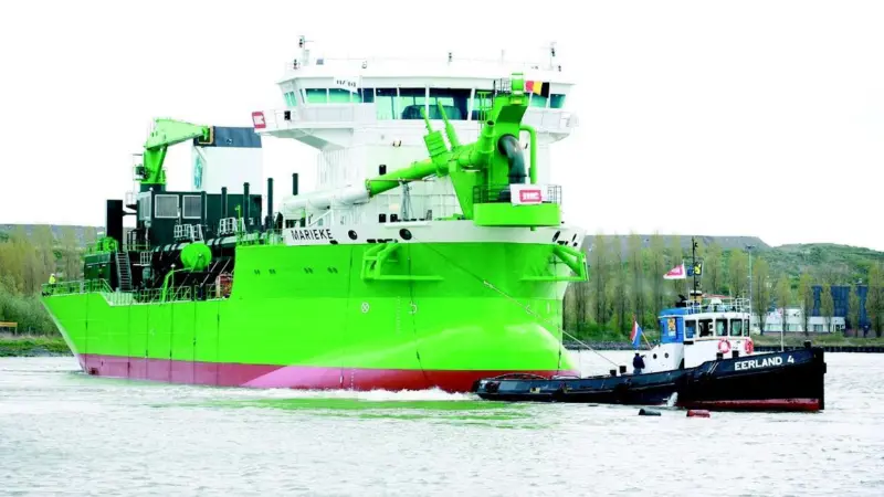 Marieke is taken under tow following its launch at IHC Holland Merwedes Sliedrecht yard.