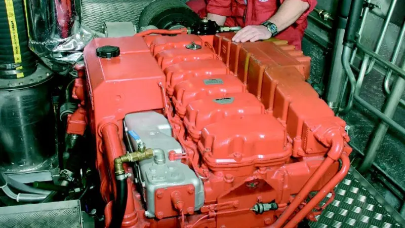 Engineer Andy Smith with one of RV Callistas Scania D12 engines.