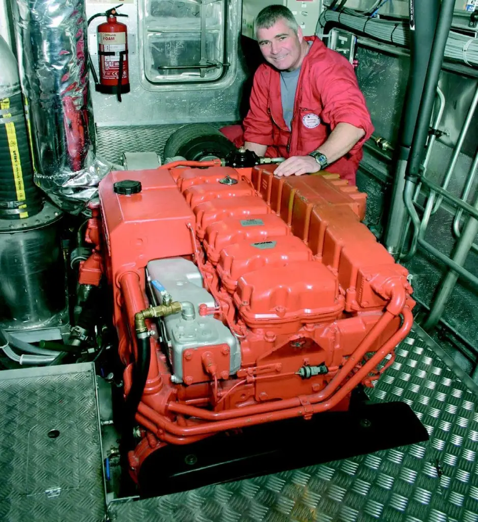 Engineer Andy Smith with one of RV Callistas Scania D12 engines.