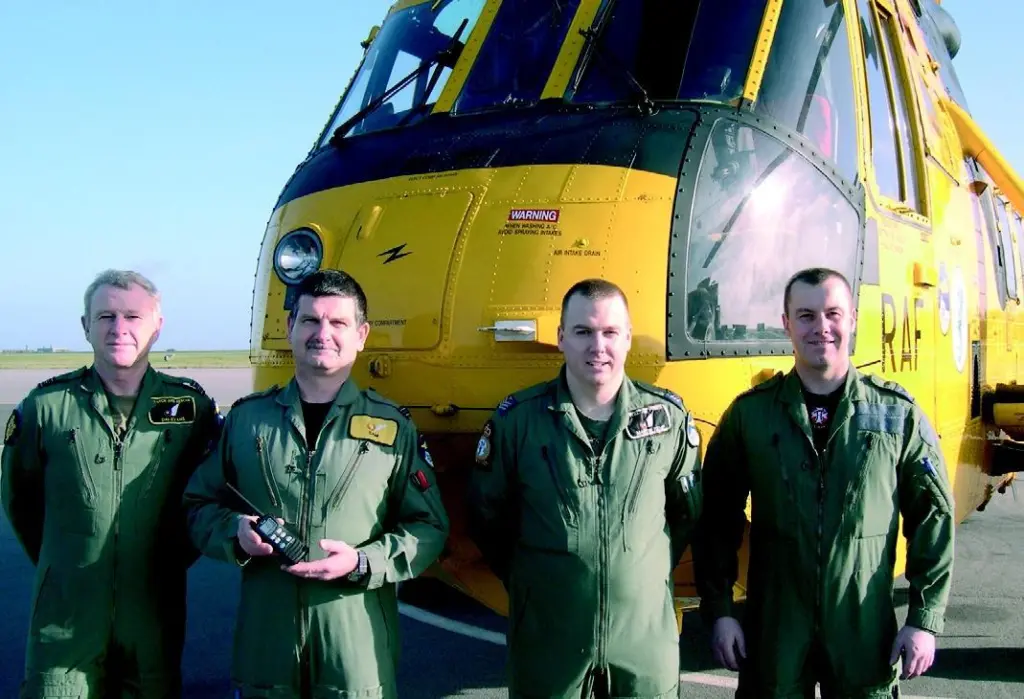 Left to right, Squadron Leader Dai Evans, Officer in Charge, Helicopter Standards Unit. Flight Lieutenant Sam Mcdonagh, HSU Winchman. Sergeant Martin Kemp, 203 Squadron Student. Sergeant Chris Scurr, 203 Sqaudron Instructor.