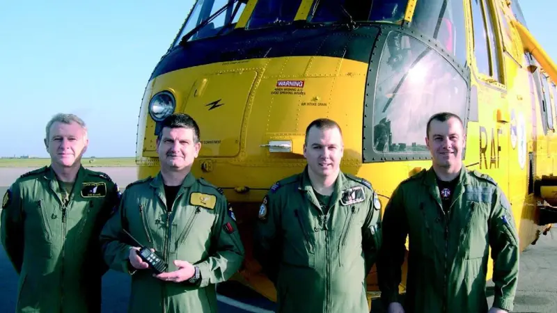 Left to right, Squadron Leader Dai Evans, Officer in Charge, Helicopter Standards Unit. Flight Lieutenant Sam Mcdonagh, HSU Winchman. Sergeant Martin Kemp, 203 Squadron Student. Sergeant Chris Scurr, 203 Sqaudron Instructor.