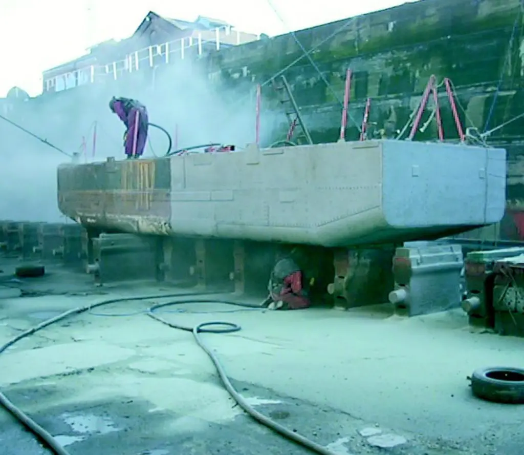 Grit blasting trials underway at Dunstons Ship Repair in Hull UK.