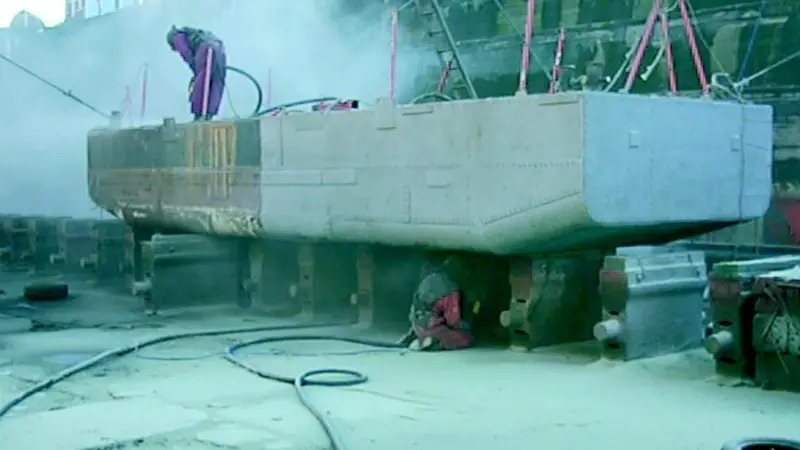 Grit blasting trials underway at Dunstons Ship Repair in Hull UK.