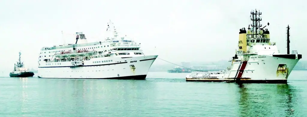 Anglian Monarch tows the Calypso safely into port.