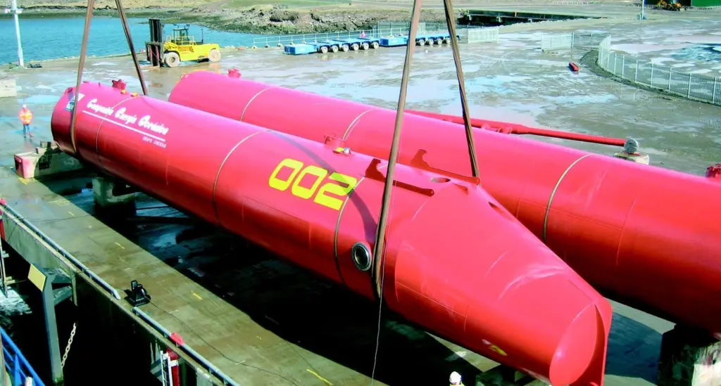 The Modulift is seen in action loading Pelamis P-750 wave power units.