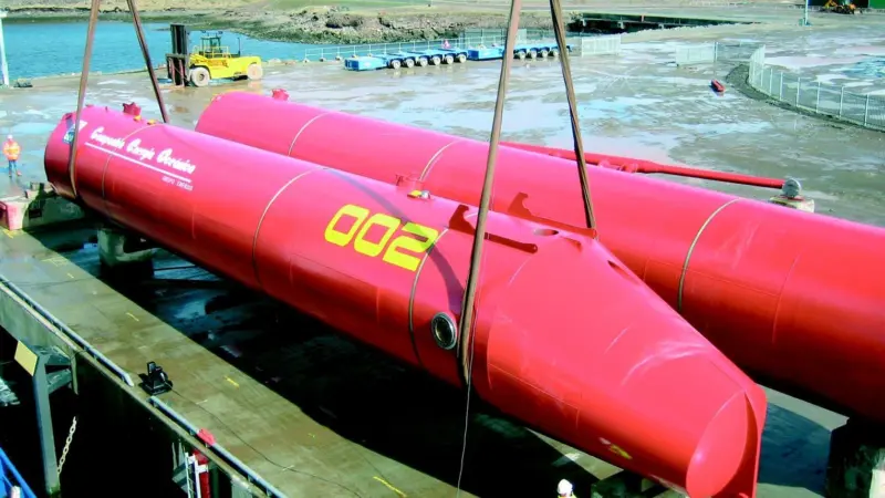 The Modulift is seen in action loading Pelamis P-750 wave power units.