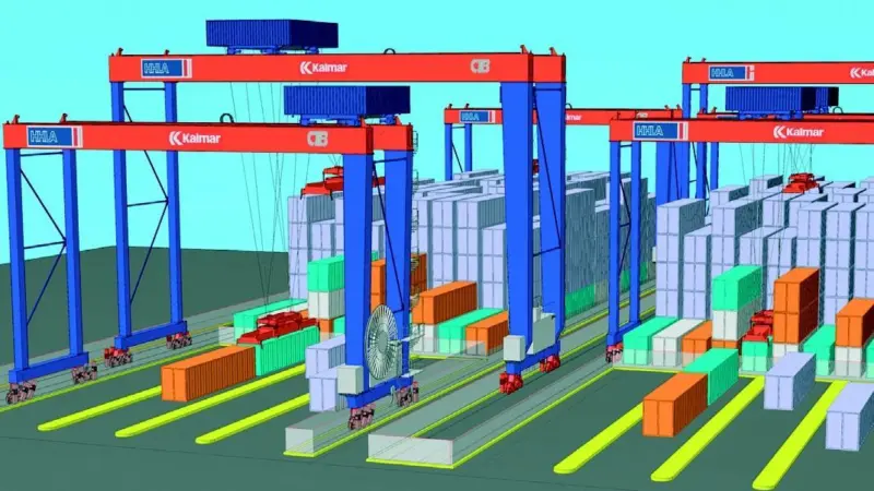 An artists impression of operations at HHLAs Container Terminal Buchardkai when phase one of the new Kalmar automatic stacking crane system is in place.