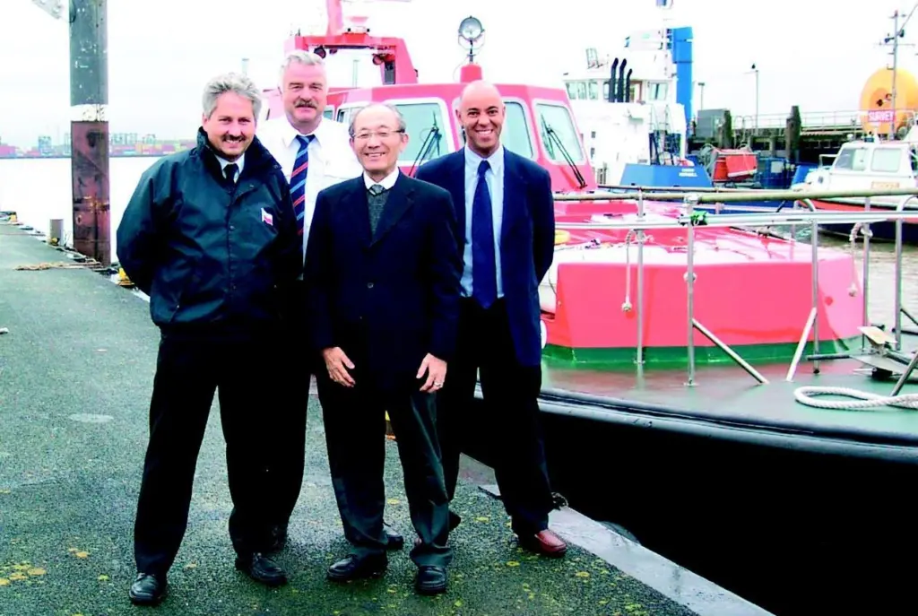 Koden chairman Yoshimasa Ito (3rd from left) with Deputy Harbour Master, Captain Ian Mace and Tom Waklin of Harwich Haven Authority and David Ash, managing director of Mantsbrite.