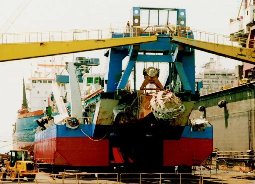 The cutter suction dredger Hafeet in an ASRY floating dock recently. The trailing suction hopper dredger HAM 309 can be seen to the rear.