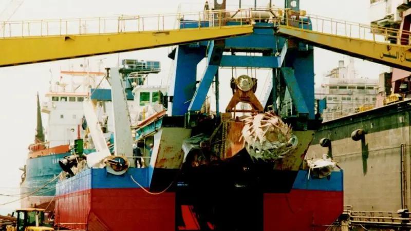 The cutter suction dredger Hafeet in an ASRY floating dock recently. The trailing suction hopper dredger HAM 309 can be seen to the rear.