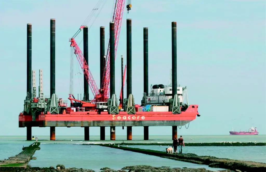 The jack-up barge Excalibur is pictured at the site of the seaward end of the new undersea storm water discharge pipeline.