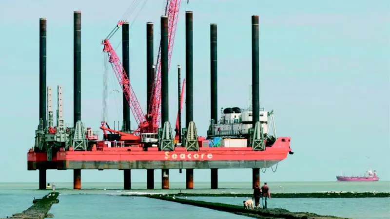 The jack-up barge Excalibur is pictured at the site of the seaward end of the new undersea storm water discharge pipeline.