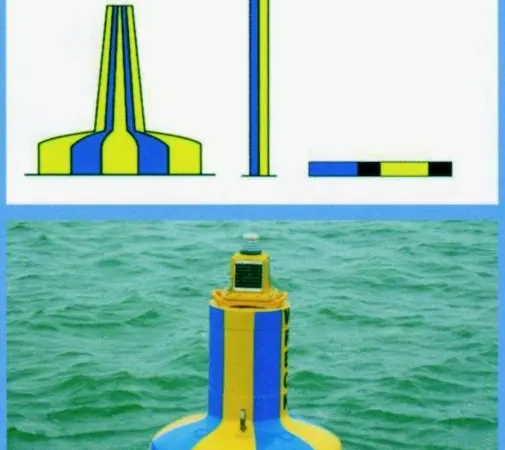 The new emergency wreck marking buoy is coloured in equal blue and yellow vertical stripes.
