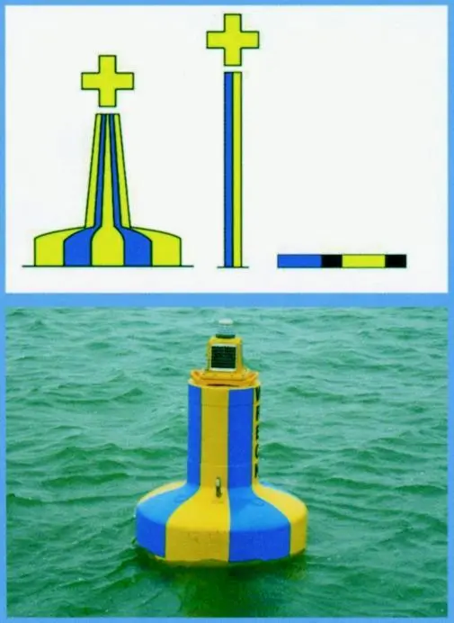 The new emergency wreck marking buoy is coloured in equal blue and yellow vertical stripes.