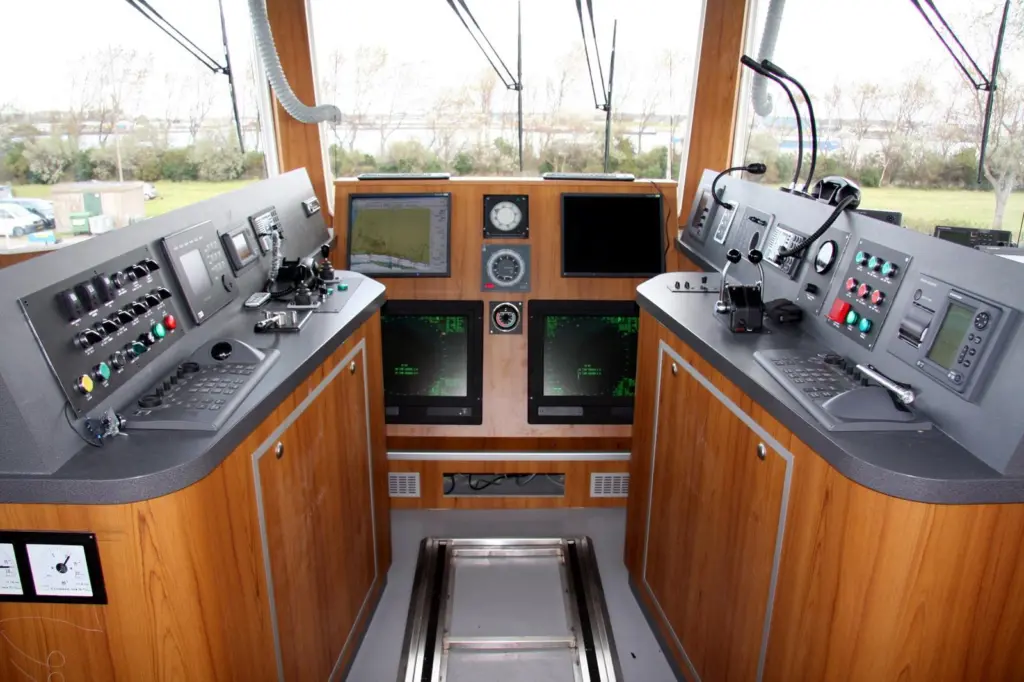 Capt John Mallett, master of Galatea, explains the Rolls-Royce propulsion controls