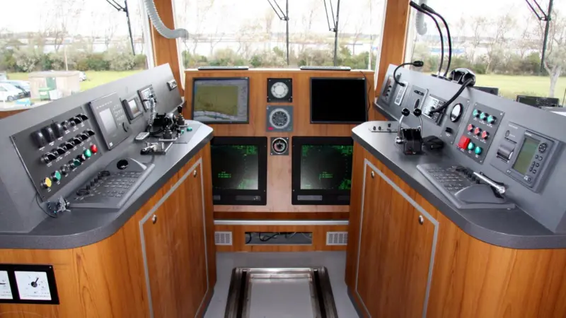 Capt John Mallett, master of Galatea, explains the Rolls-Royce propulsion controls