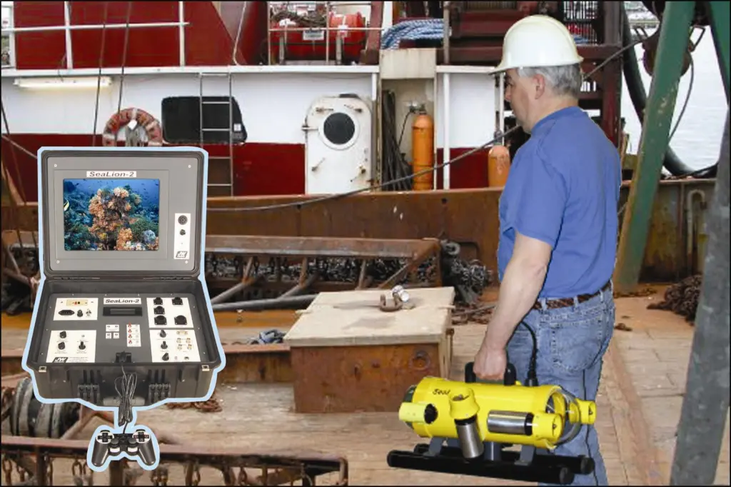 Fishers' new SeaLion-2 ROV on a job site and, inset, the ROV's control console.
