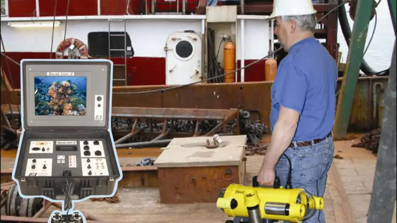 Fishers' new SeaLion-2 ROV on a job site and, inset, the ROV's control console.