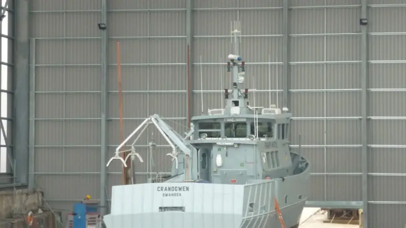 The 19m Seafisheries vessel MFPV Cranogwen is seen undergoing its 2010 refit  totally under cover in Mustang Marine’s new Pembroke Dock facility.