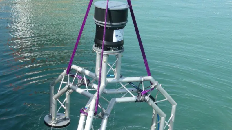 Sonardyne’s Sentinel sonar head is seen on a seabed deployment frame.