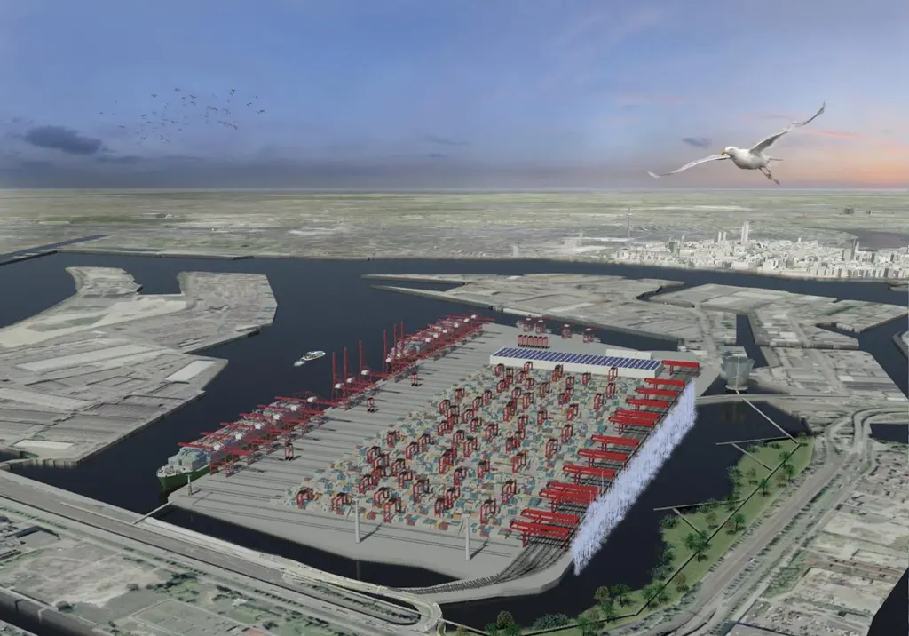 A computer generated image of the CO2 neutral, automated and truck-free container terminal, water channel and wetland.