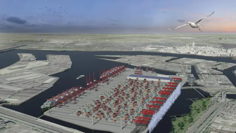 A computer generated image of the CO2 neutral, automated and truck-free container terminal, water channel and wetland.