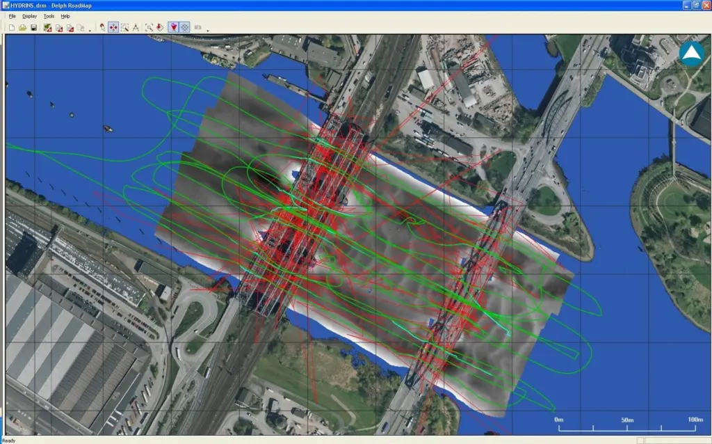 HYDRINS data processed with DELPH INS software avoids loss of dredging survey position beneath bridges and other obstacles in the Port of Hamburg.