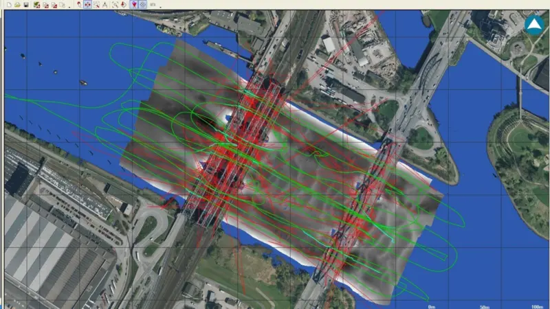 HYDRINS data processed with DELPH INS software avoids loss of dredging survey position beneath bridges and other obstacles in the Port of Hamburg.